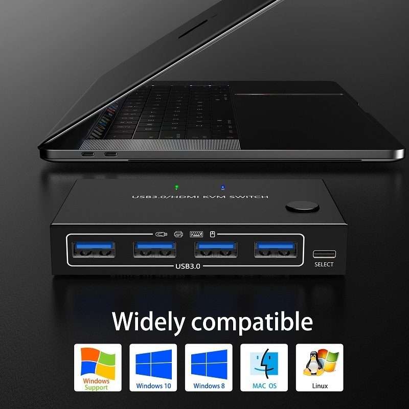 KC-KVM201A 2 In 1 Out 4K 60HZ HDMI KVM Switching USB3.0 Shared Computer Shaped Printer ... (Black)