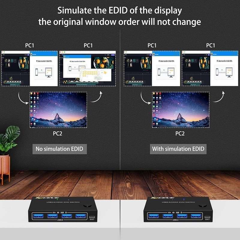 KC-KVM201A 2 In 1 Out 4K 60HZ HDMI KVM Switching USB3.0 Shared Computer Shaped Printer ... (Black)