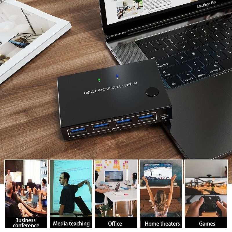 KC-KVM201A 2 In 1 Out 4K 60HZ HDMI KVM Switching USB3.0 Shared Computer Shaped Printer ... (Black)