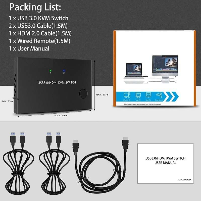 KC-KVM201A 2 In 1 Out 4K 60HZ HDMI KVM Switching USB3.0 Shared Computer Shaped Printer ... (Black)