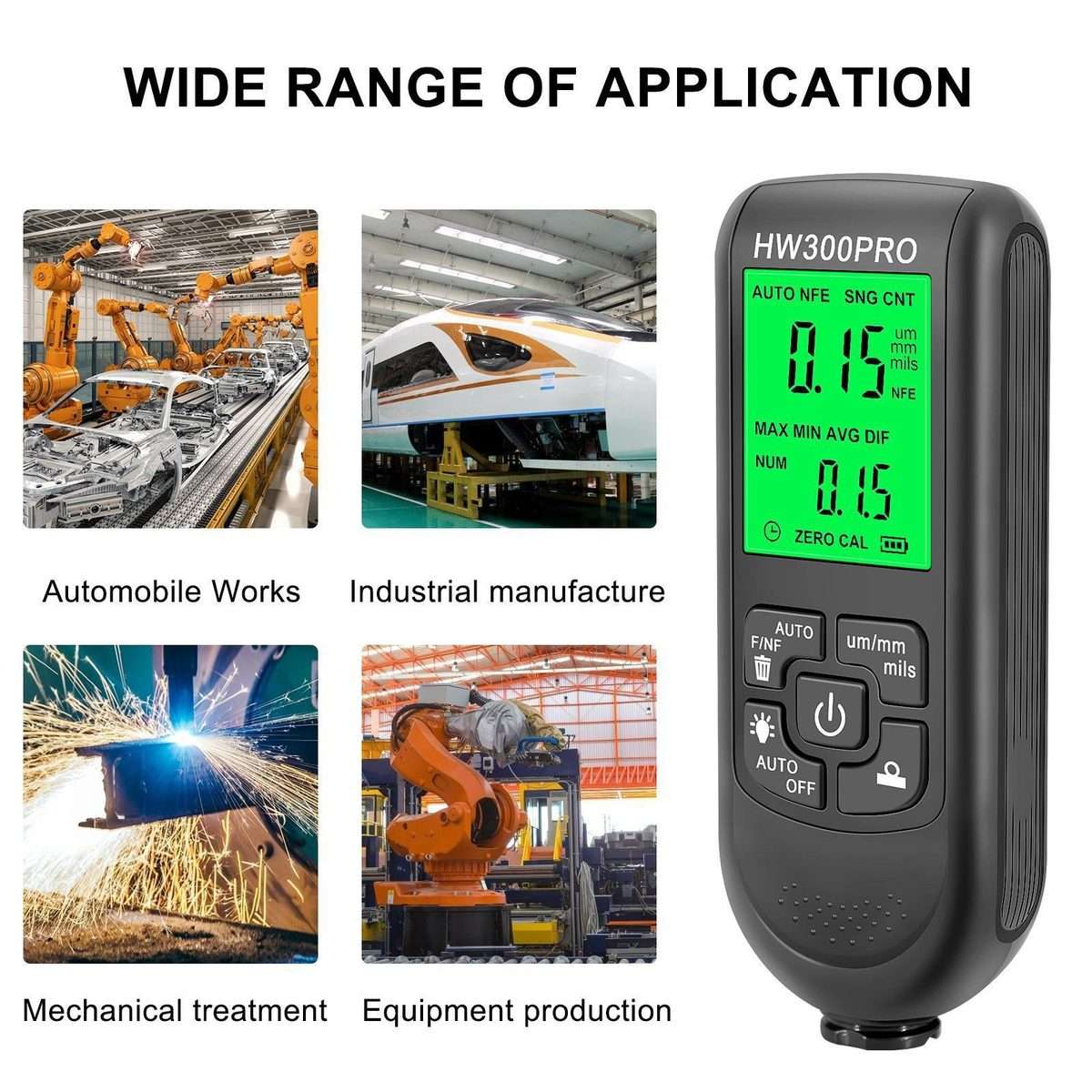 HW-300PRO High Precision Coating Paint Powder Layer Thickness Gauge Anti-slip Paint Fi ... (Black)