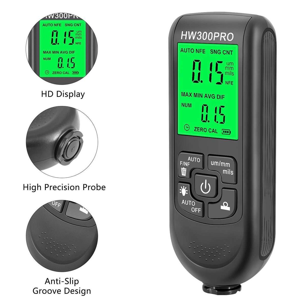 HW-300PRO High Precision Coating Paint Powder Layer Thickness Gauge Anti-slip Paint Fi ... (White)
