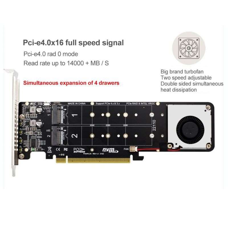 PCI-E X16 to M.2 M-key NVME X4 SSD RAID Array Expansion Adapter Support 2242/2260/2 ... (PH44Plus)