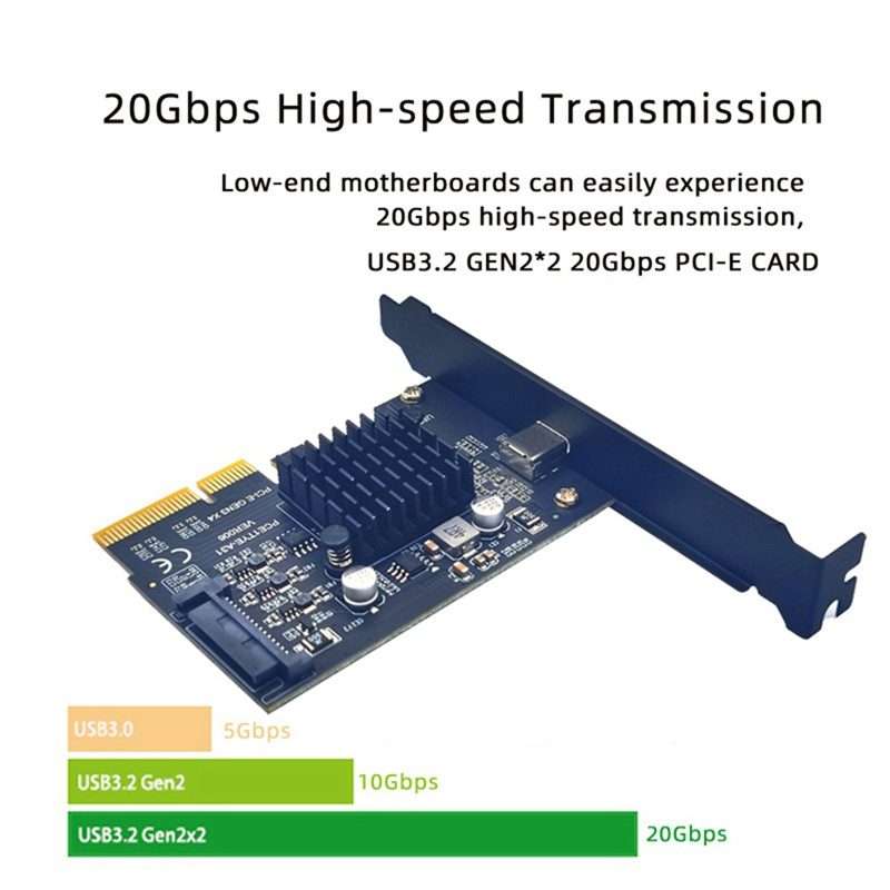 PCI-E 4X To USB3.2 Gen2x2 Type-C 20Gbps SATA Expansion Card Asmedia ASM3242 Chip