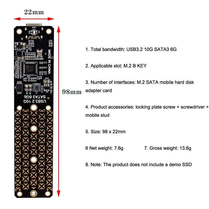 NGFF M.2 Bkey SATA Hard Disk SSD To USB3.1 Type-C / USB-C Expansion Card Conversion Board(Black)