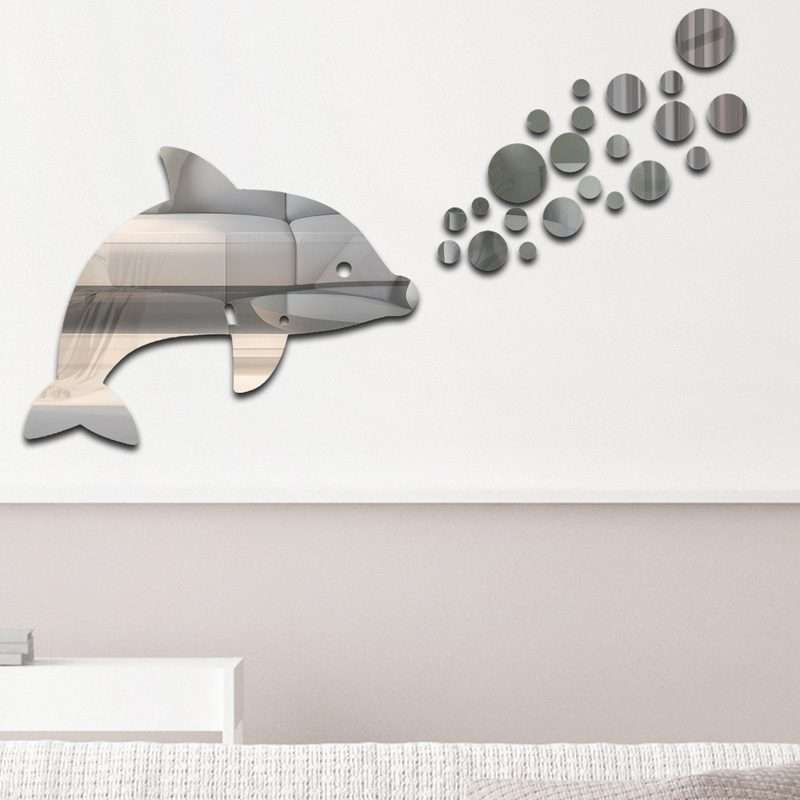 22pcs /Set Acrylic Dolphin Spitting Bubbles Mirror Wall Sticker Home Decoration Soft ... (Silver)