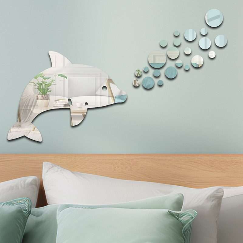 22pcs /Set Acrylic Dolphin Spitting Bubbles Mirror Wall Sticker Home Decoration Soft ... (Silver)