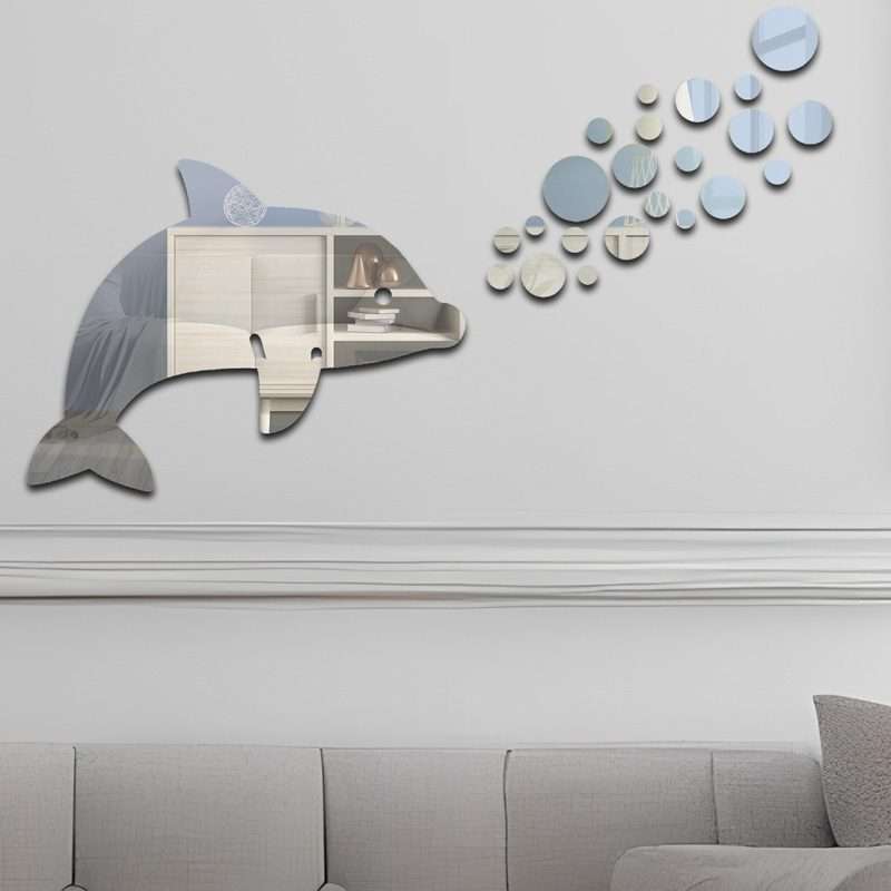 22pcs /Set Acrylic Dolphin Spitting Bubbles Mirror Wall Sticker Home Decoration Soft ... (Silver)