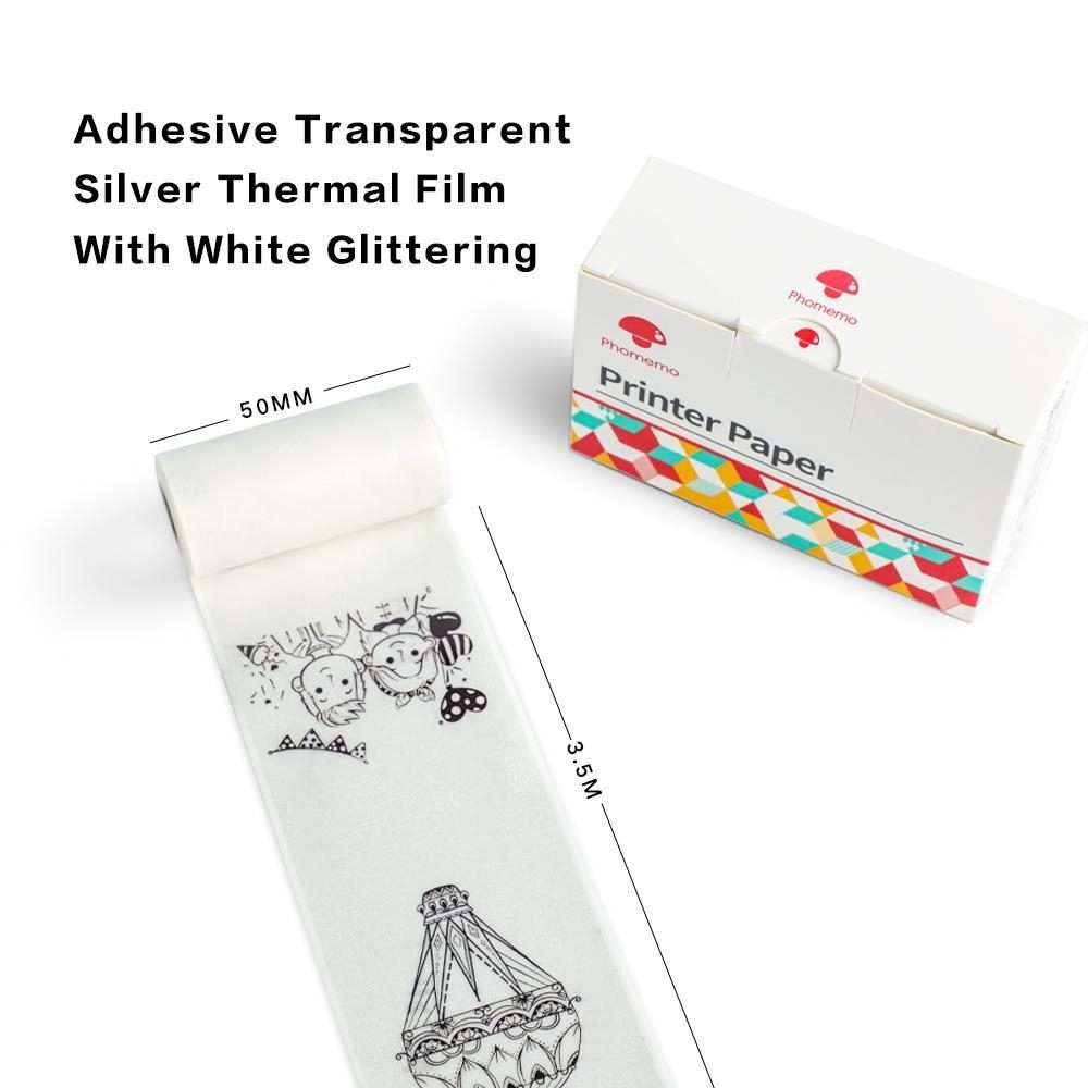 For Phomemo M02 / M02S / M02Pro 3rolls /Pack 50m ... (White Glitter Full Transparent Black Letter)