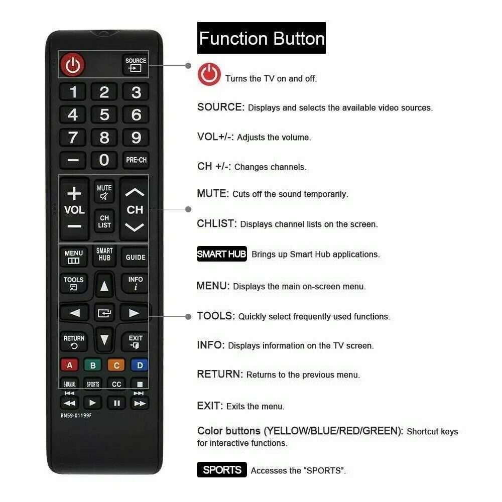 BN59-01199F For Samsung LED LCD Smart TV Remote Control Replacement (Black)