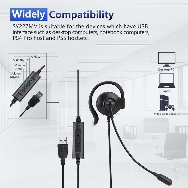 SOYTO SY227 Single-side Operator Ear Hook Headset Corded Computer Headset, Interfaces: Separation