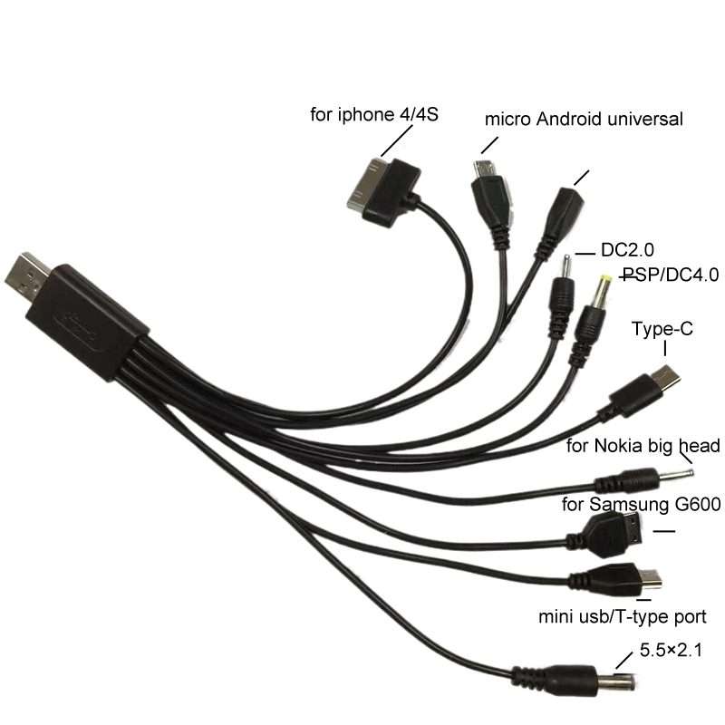 10 In 1 Multifunction USB Charging Cable For IPhone / PSP / Camera / Nokia / HTC / LG ... (Black)