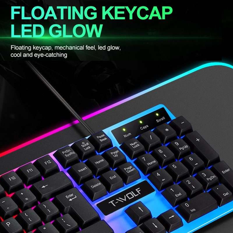 T-WOLF TF230 Colorful Light Effect Game Office Computer Wired Keyboard and Mouse Kit(Black)