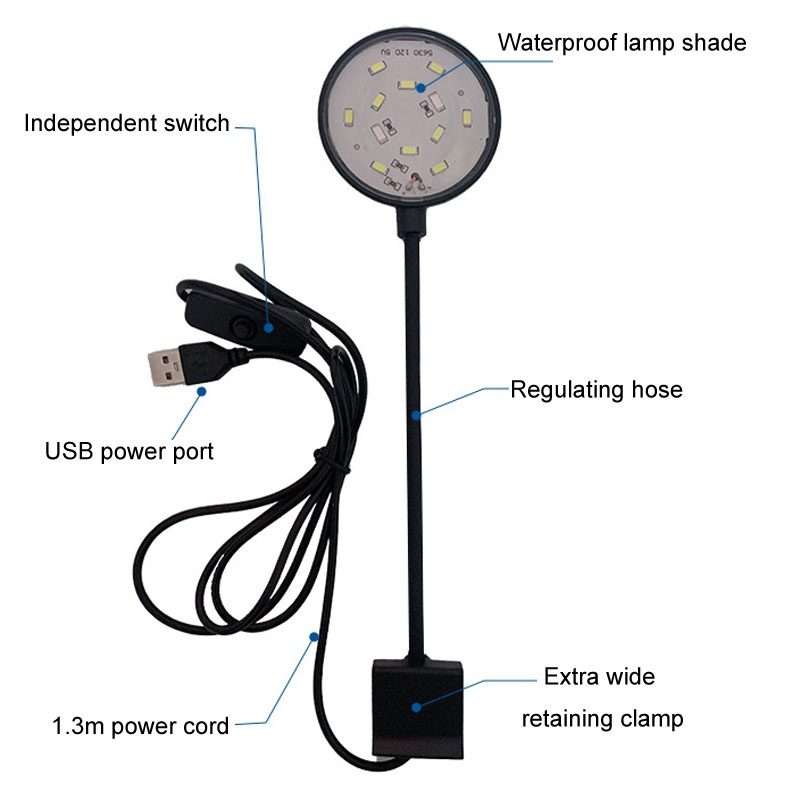 5W Fish Tank LED Clip Light USB Plug Lighting Aquarium Translucent Aquatic Plants Lamp(White)