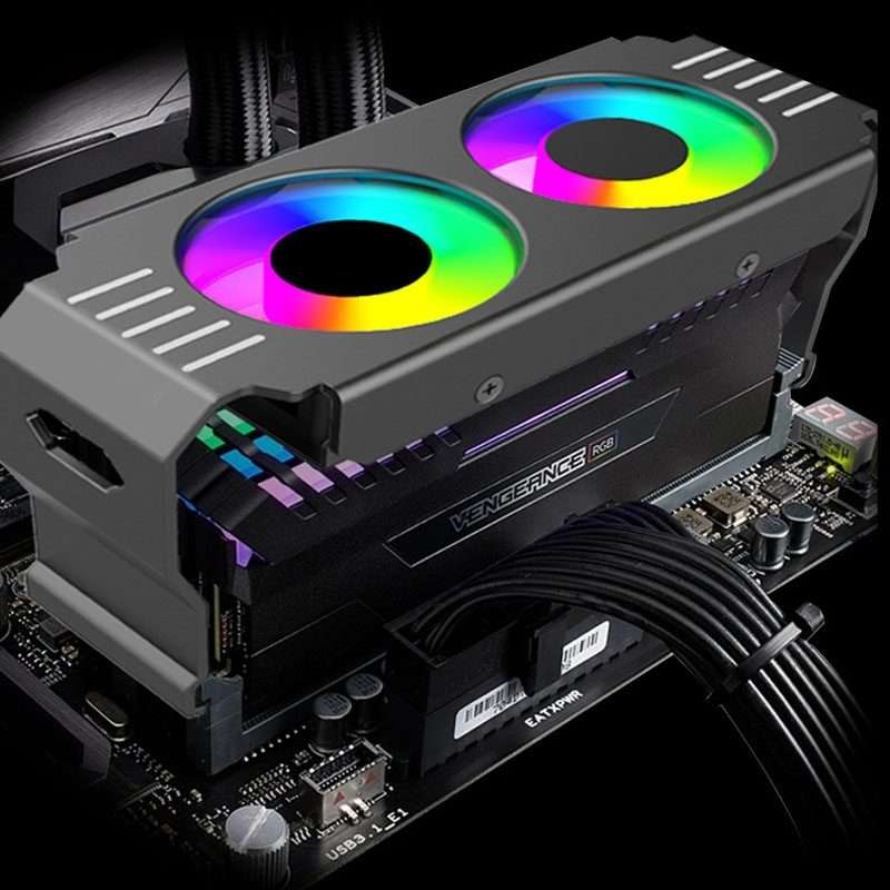 Desktop ARGB Memory Cooler PWM Temperature Control Dual Fan, For DDR / DDR2 / DDR3 / D ... (Black)