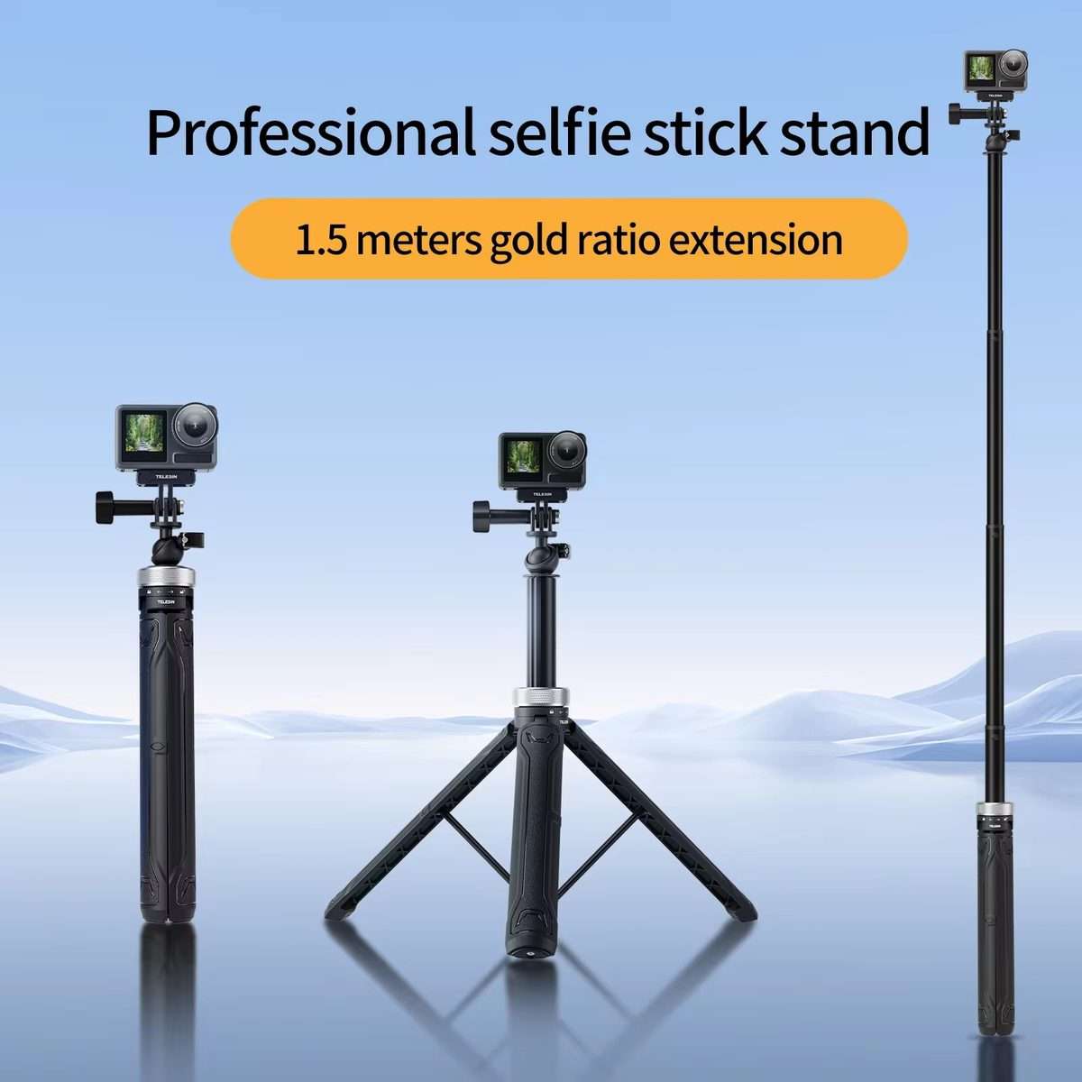 TELESIN 360 Degree Rotation 1.5m Selfie Stick Foldable Tripod For GoPro Hero / Insta36 ... (Black)