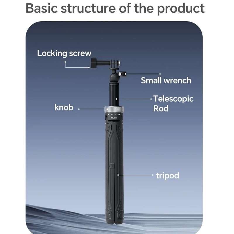 TELESIN 360 Degree Rotation 1.5m Selfie Stick Foldable Tripod For GoPro Hero / Insta36 ... (Black)