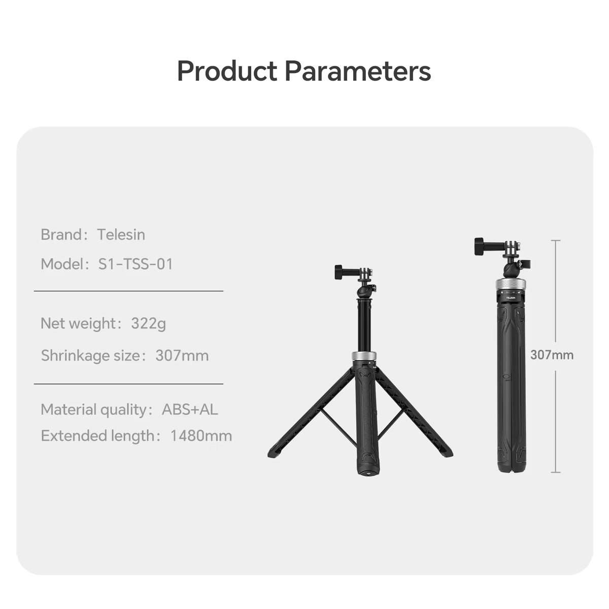 TELESIN 360 Degree Rotation 1.5m Selfie Stick Foldable Tripod For GoPro Hero / Insta36 ... (Black)