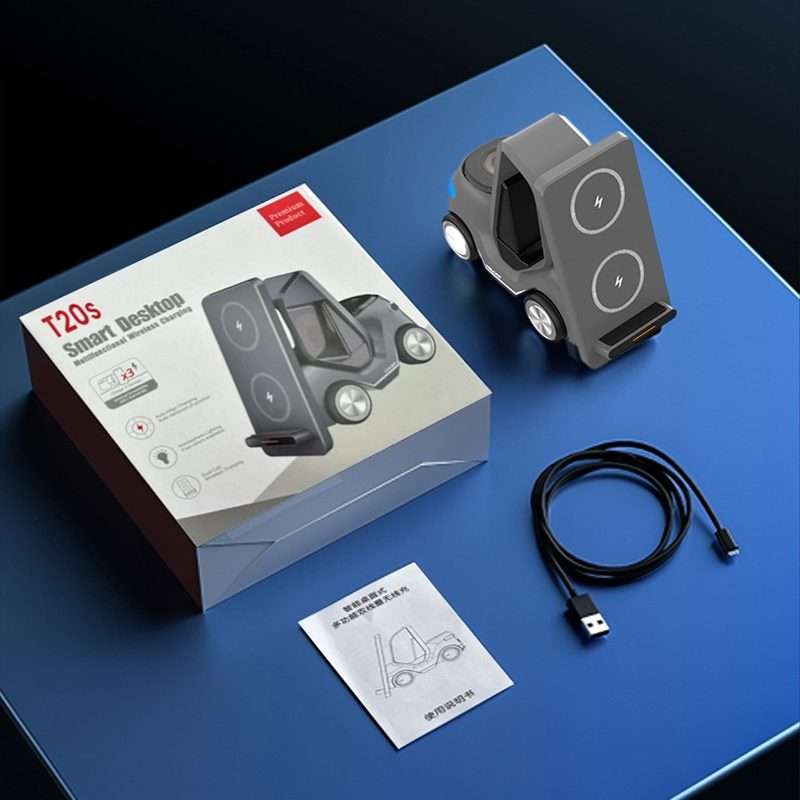 T20S 3-In-1 15W Small Forklift-Shaped Desktop Wireless Charger With LED Atmosphere Light(Gray)