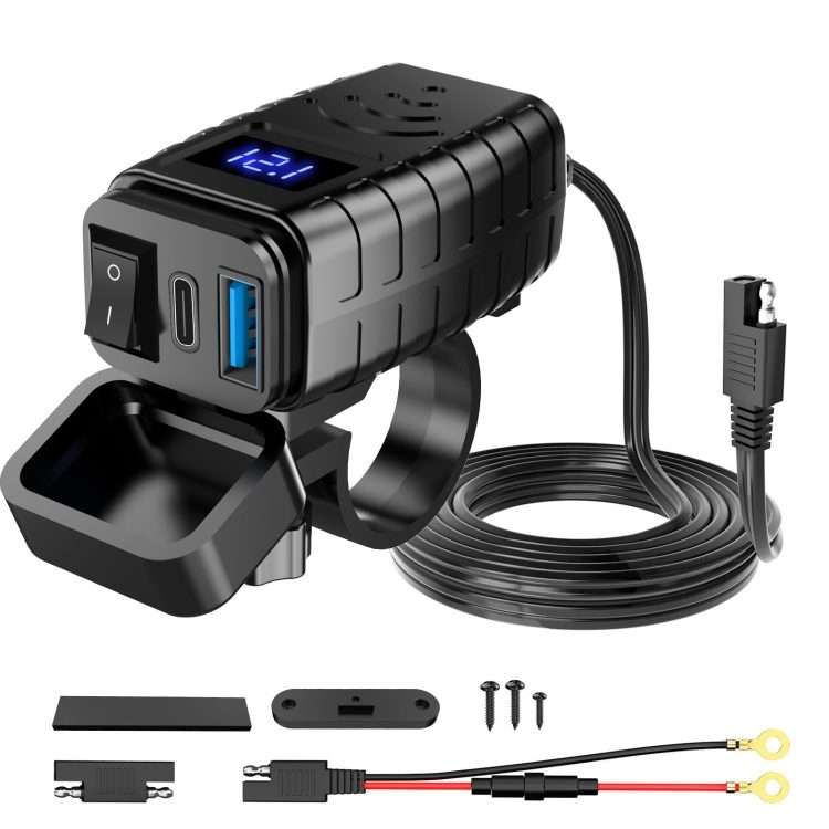 PD3.0 Motorcycle USB Mobile Phone Charger Digital Voltage Meter with Switch(Blue Screen)