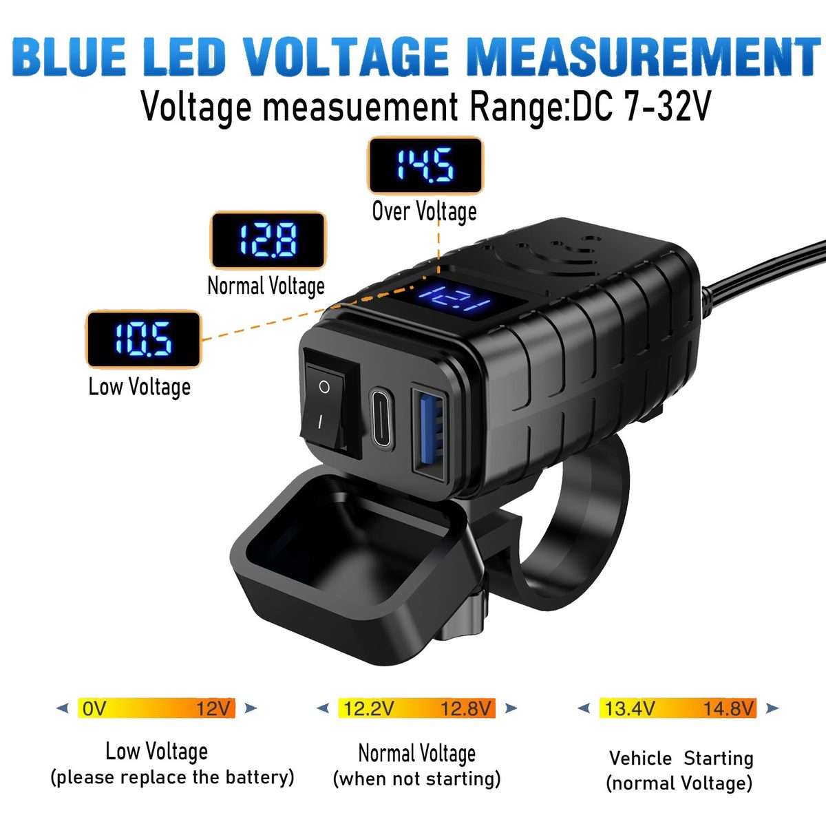 PD3.0 Motorcycle USB Mobile Phone Charger Digital Voltage Meter with Switch(Green Screen)