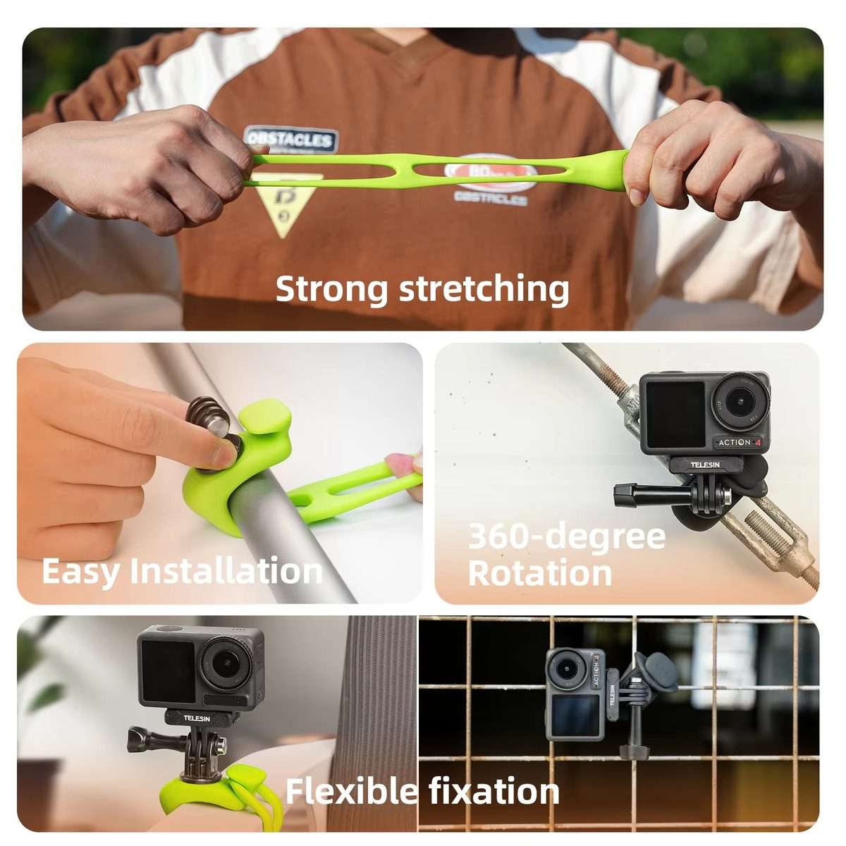 TELESIN Action Camera Mount Silicone Adjustable Mini Flexible Bracket For GoPro HERO ... (Green)