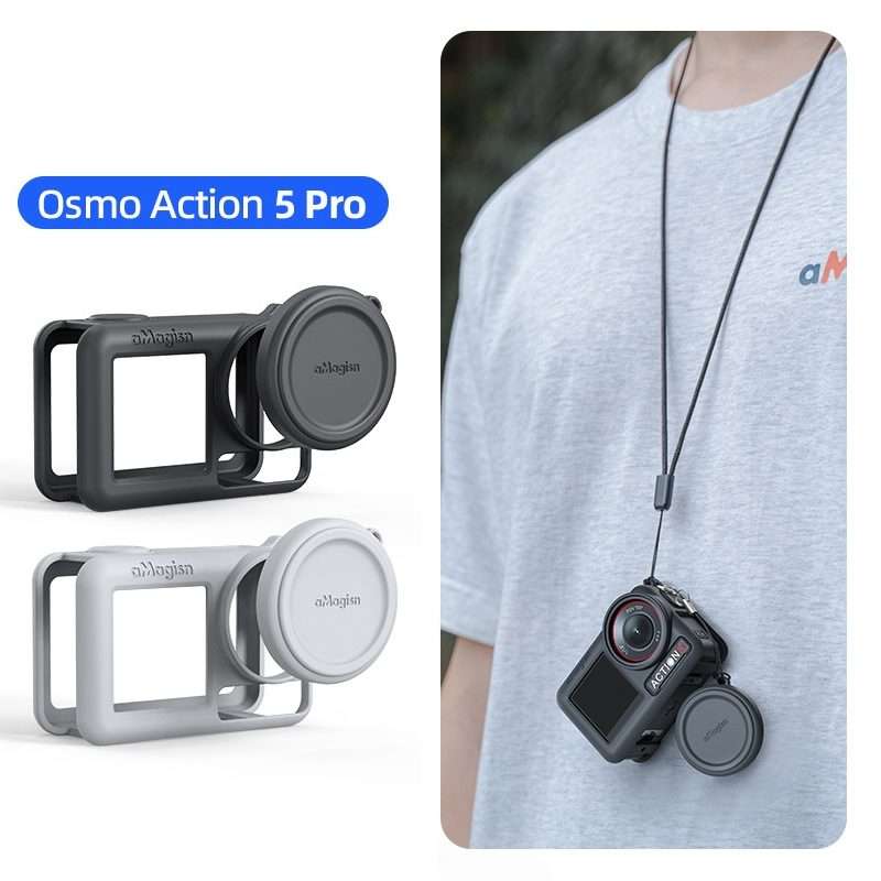 For DJI Osmo Action 5 Pro aMagisn Silicone Protective Case with Lanyard and Lens Cap(Black)