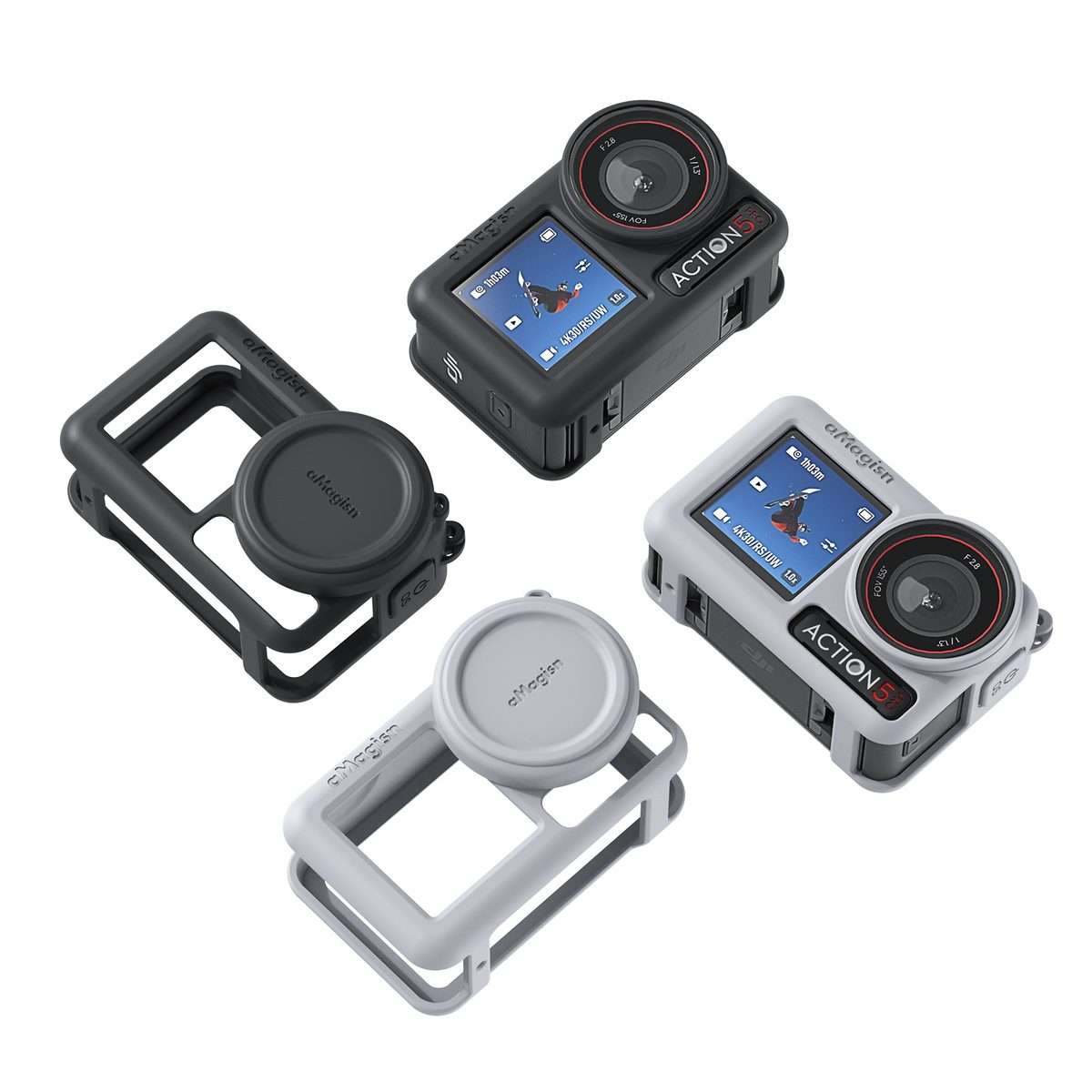 For DJI Osmo Action 5 Pro aMagisn Silicone Protective Case with Lanyard and Lens Cap(Black)