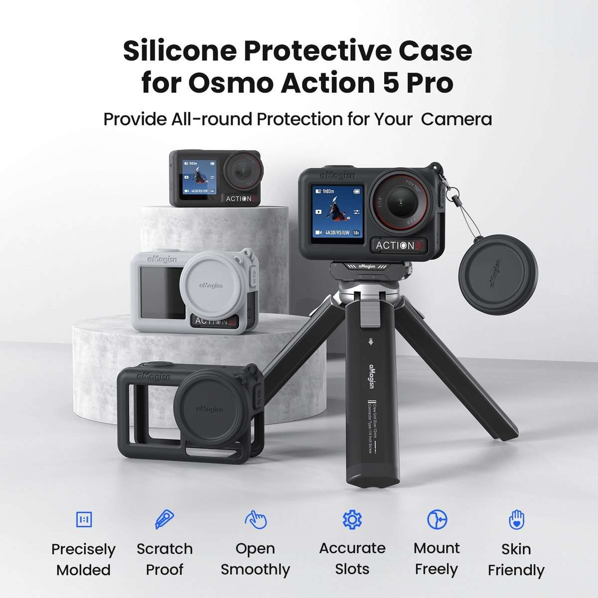 For DJI Osmo Action 5 Pro aMagisn Silicone Protective Case with Lanyard and Lens Cap(Black)