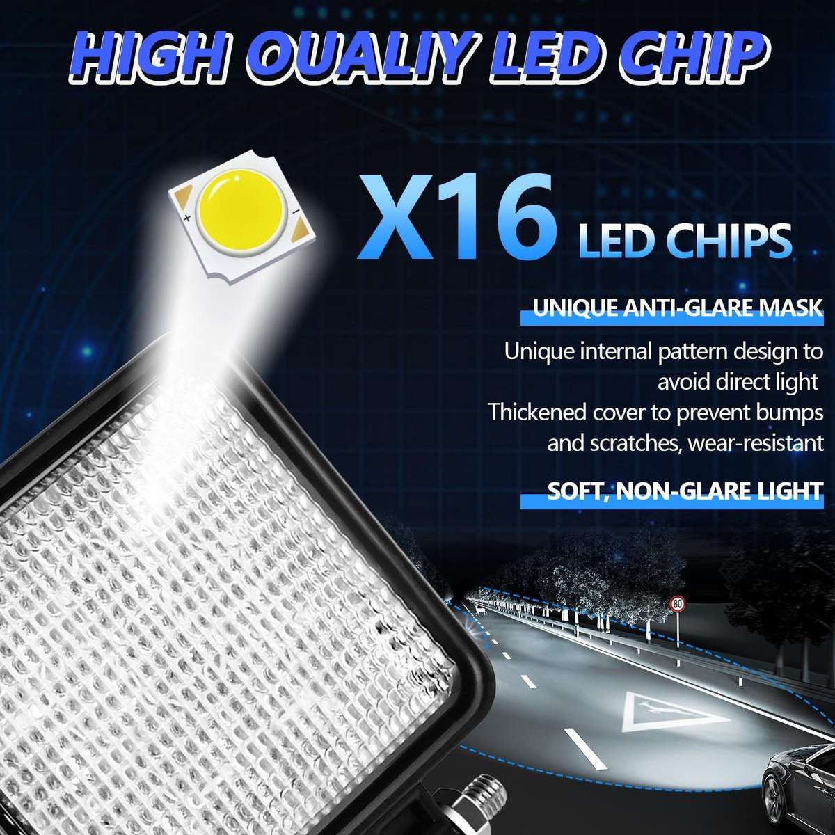 14W 9-30V 4 Inch Mixed Luminous Square Floodlight With Wire Set(X2)