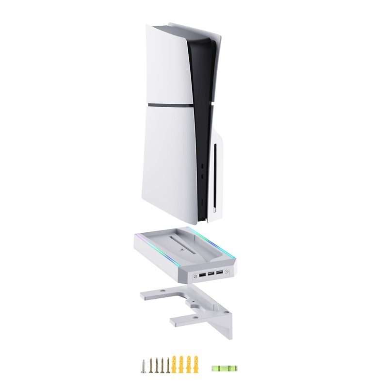 For PS5 Slim Console Wall-mounted Storage Rack With 3 USB2.0 Ports(White)