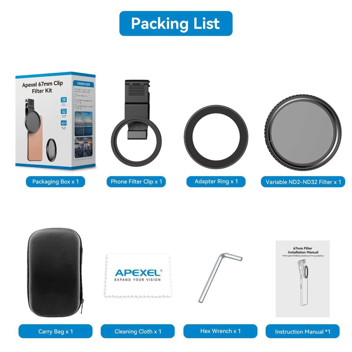 APEXEL APL-67VND32 67mm Cell Phone Photo Filter Adjustable Light Reducing Lens