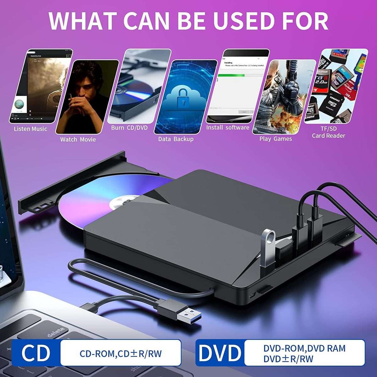 USB3.0 / Type-C External Removable Optical Drive DVD / CD Multi-Interface Writer(Black)