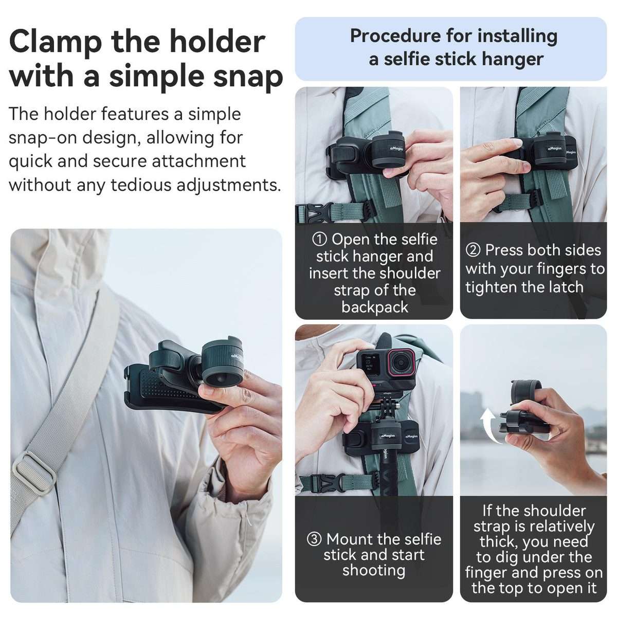 AMagisn Selfie Stick Hanger Action Camera Backpack Quick Attachment for Insta360 / DJI ... (Black)
