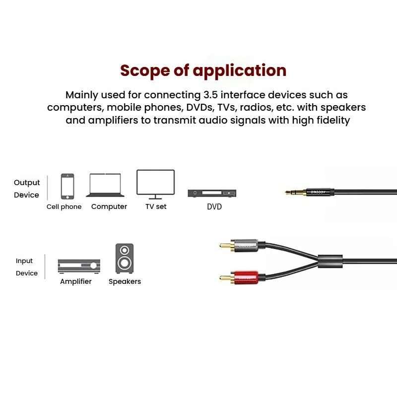 VEGGIEG 3.5mm 3.5 To 2RCA Audio Cable Cell Phone Computer Speaker Connection Cable, Length: 2m