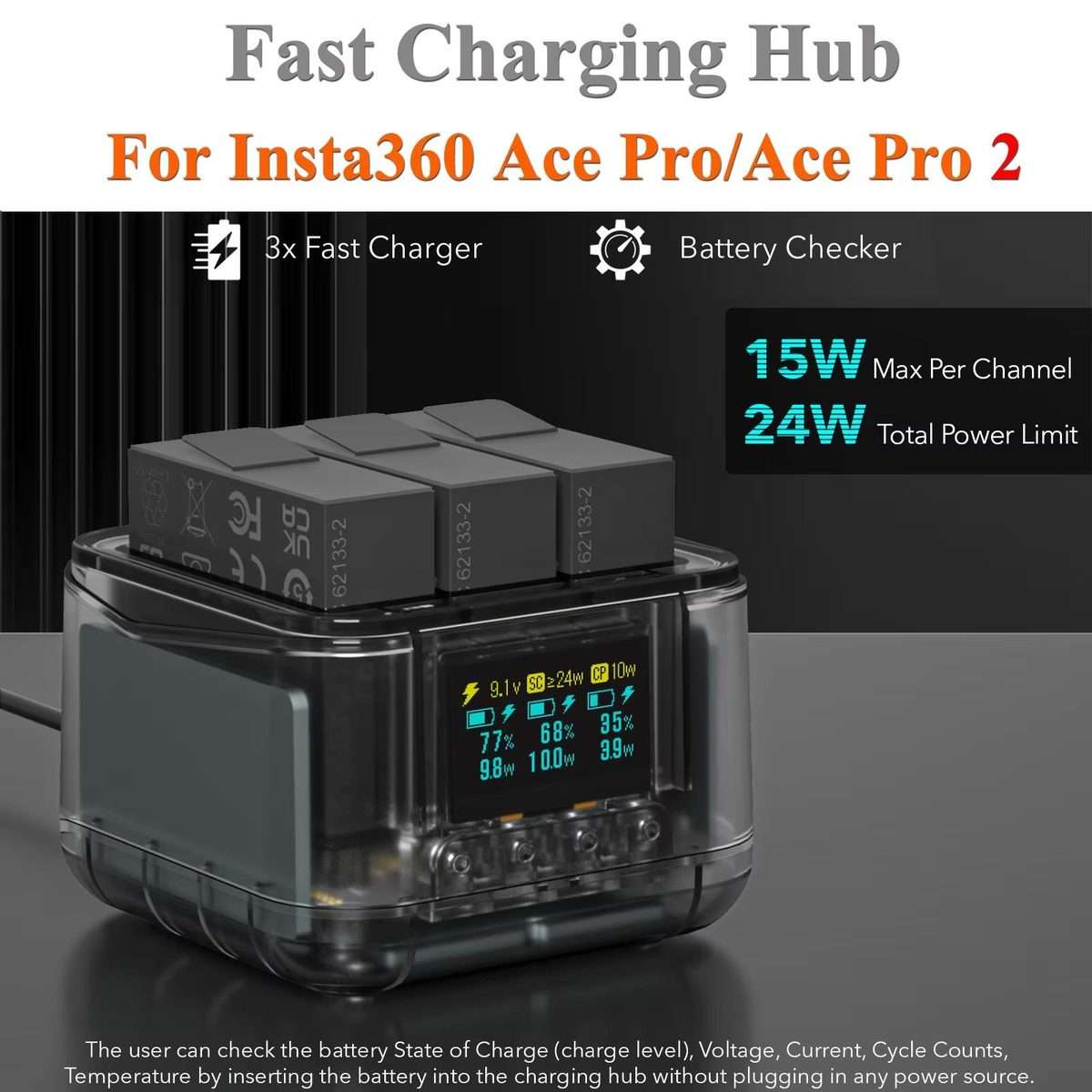 For Insta360 Ace Pro/Ace Pro 2 Battery Charger 3-Channel Fast Charging Sta ... (Transparent Black)