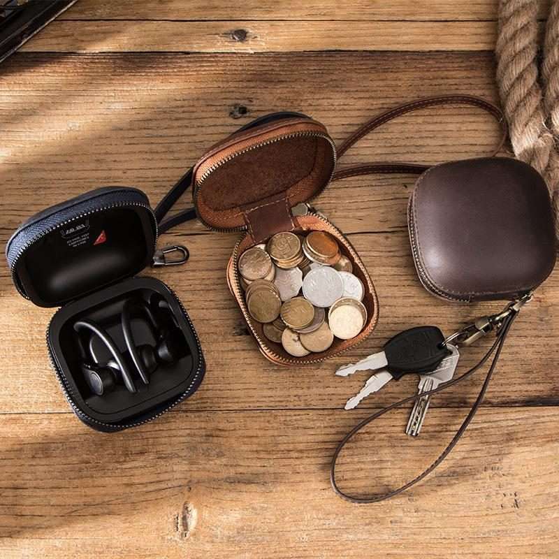 For Powerbeats Pro CONTACTS FAMILY CF1113A Leather With Drawstring Zipper Wireless Bl ... (Coffee)