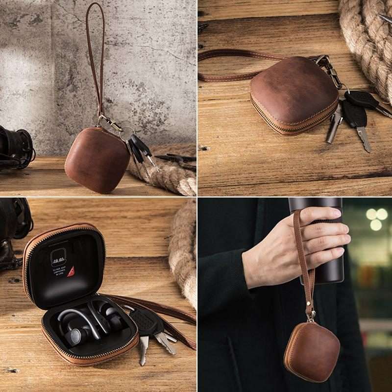 For Powerbeats Pro CONTACTS FAMILY CF1113A Leather With Drawstring Zipper Wireless Blue ... (Blue)
