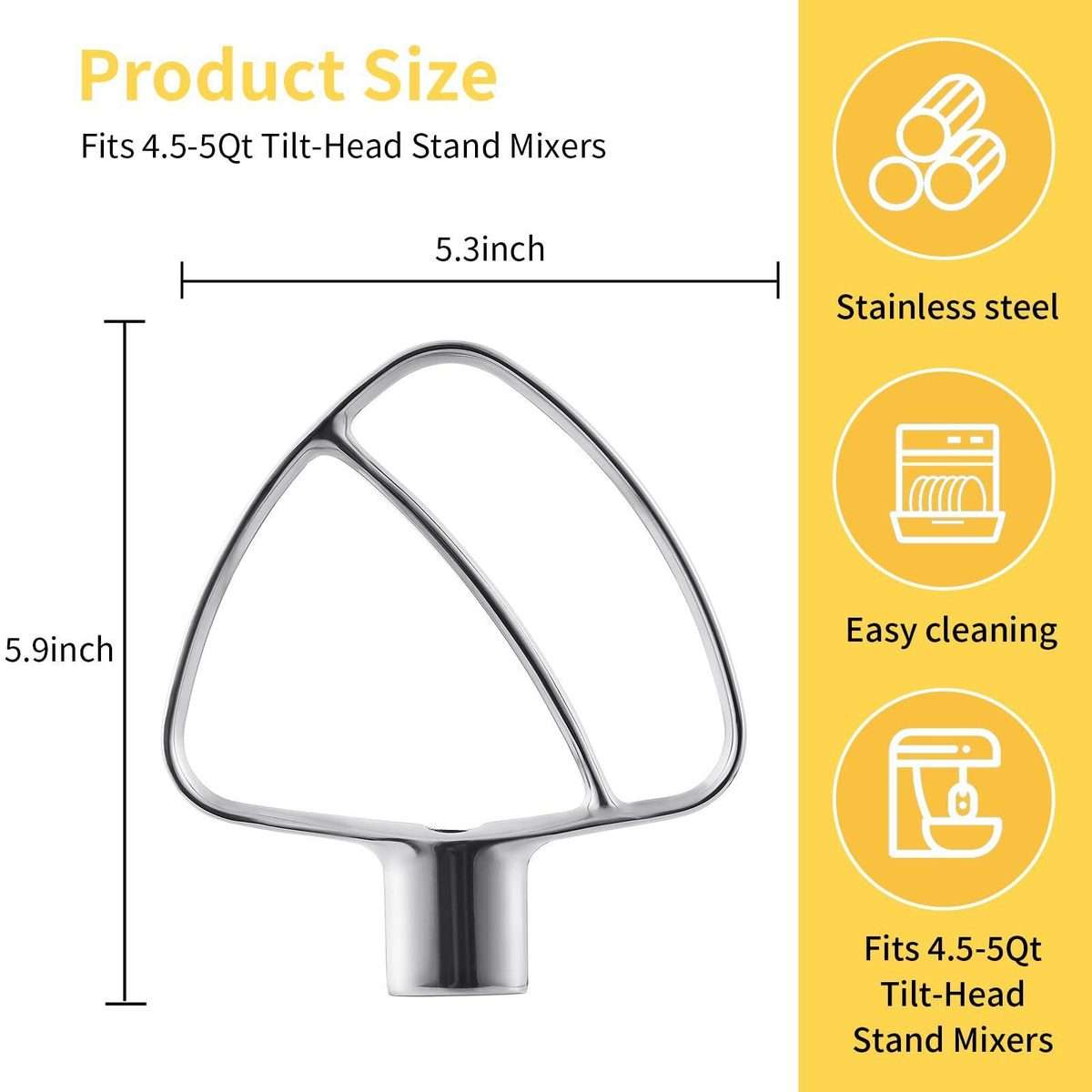 Stainless Steel Flat Beater For KitchenAid 4.5 & 5 QT Mixers - No Coating Chip-Resistant Attachmen
