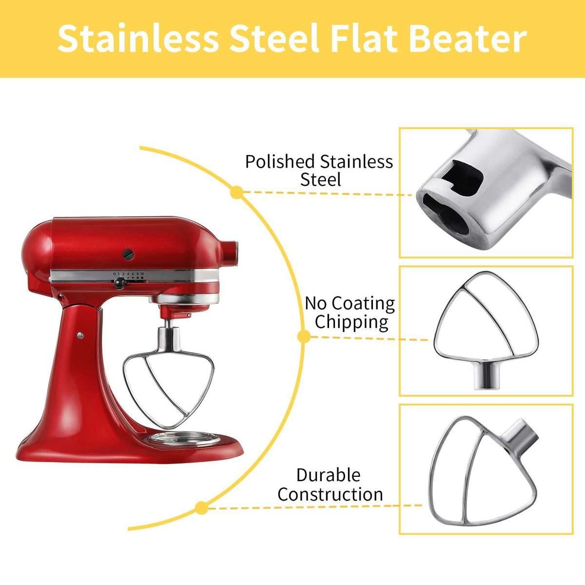 Stainless Steel Flat Beater For KitchenAid 4.5 & 5 QT Mixers - No Coating Chip-Resistant Attachmen