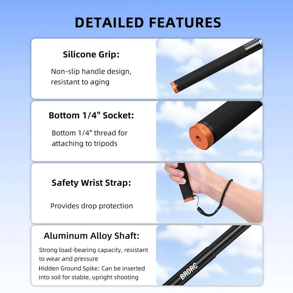For DJI Osmo Pocket 3 / Action 6 / Insta360 X5 BRDRC Telescopic Extension Pole Selfie Stick(1.6m)