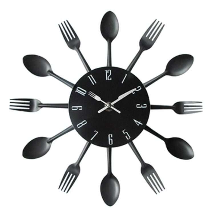 Cutlery Metal Kitchen Wall Clock Spoon Fork Creative Quartz Wall Mounted Clocks Modern D ... Black