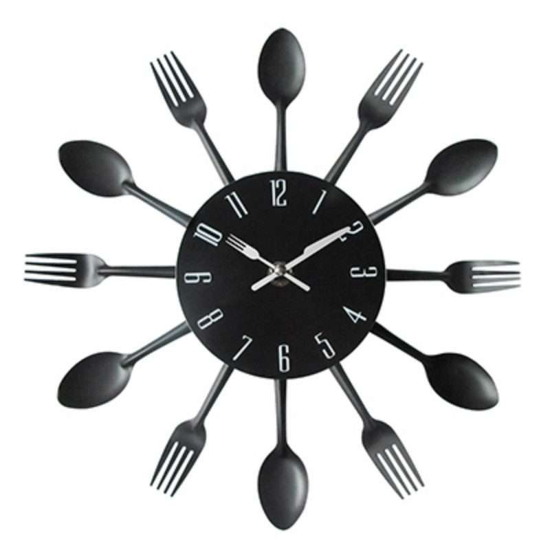 Cutlery Metal Kitchen Wall Clock Spoon Fork Creative Quartz Wall Mounted Clocks Modern D ... Black