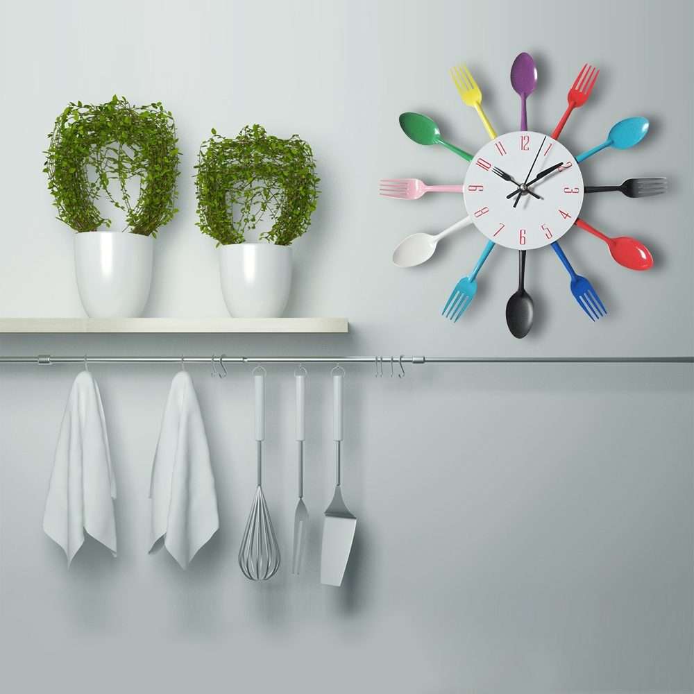 Cutlery Metal Kitchen Wall Clock Spoon Fork Creative Quartz Wall Mounted Clocks Modern D ... Black