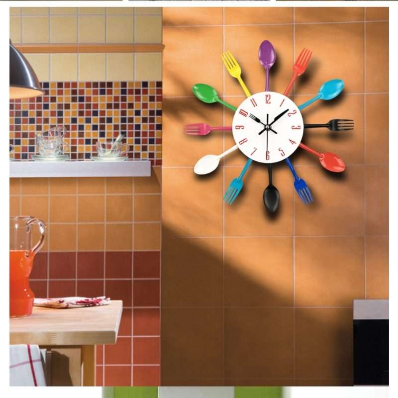 Cutlery Metal Kitchen Wall Clock Spoon Fork Creative Quartz Wall Mounted Clocks Modern D ... Black