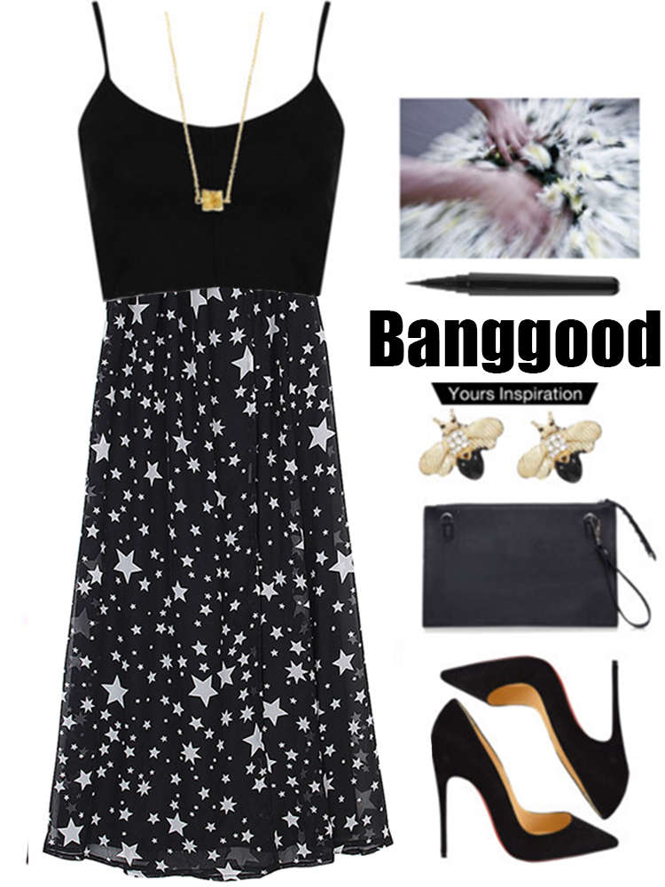 Sexy Star Printed High Waist Slit Women Maxi Chiffon Skirt - Black L, M, S, XS 0.26kg