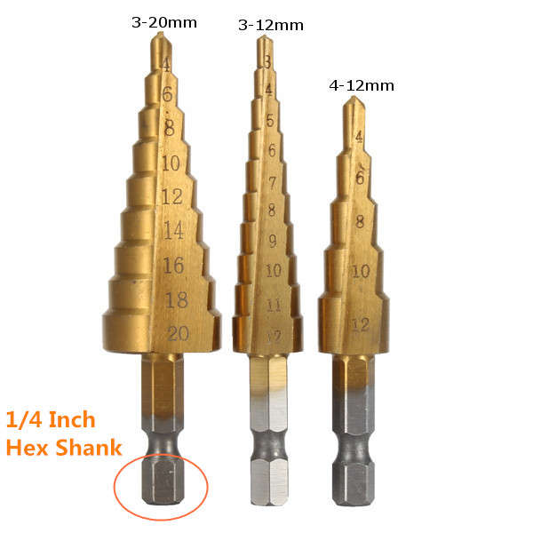 Doersupp 3Pcs 3-12m/4-12mm/4-20mm Step Drill Bits Titanium Coated Step Drill Bits Set