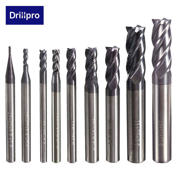 Drillpro 1-10mm 4 Flutes Tungsten Carbide End Mill Cutter Straight Shank End Mill Cutter CNC Tool