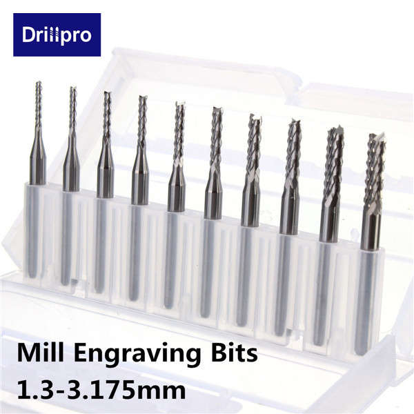 Drillpro DB-M3 10pcs 1.3mm-3.175mm Carbide End Mill Engraving Bits for CNC PCB Rotary Burrs