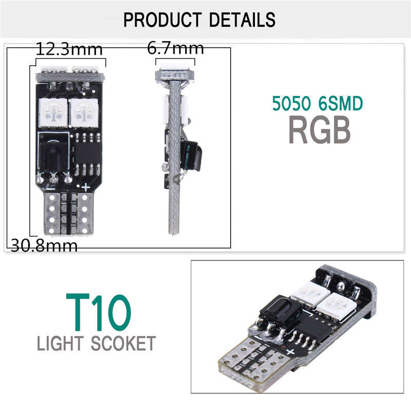 2X T10 6 SMD 5050 RGB LED Car Wedge Side Light Reading Lamp Bulb Remote Control